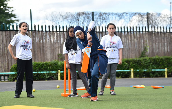 School children play cricket at Birmingham 2022 launch.