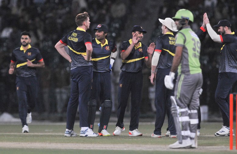 MCC celebrate a wicket in their T20 versus Lahore Qalandars